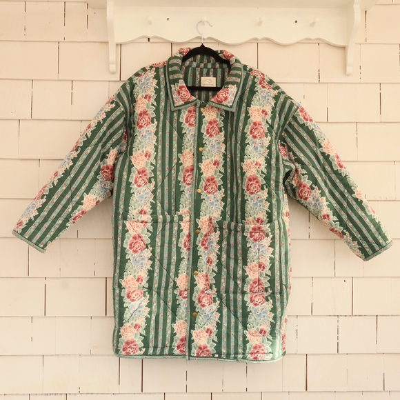 Handmade Jackets & Blazers - Upcycled Floral Green Quilted Women's Chore Coat Vintage L • XL